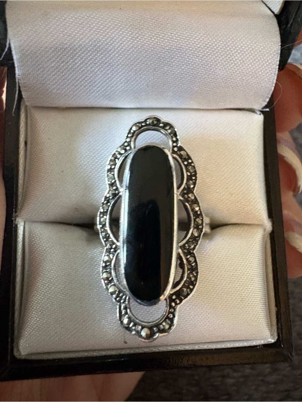 Ring Black Onyx 925 Sterling Silver Marcasite Vintage Victorian